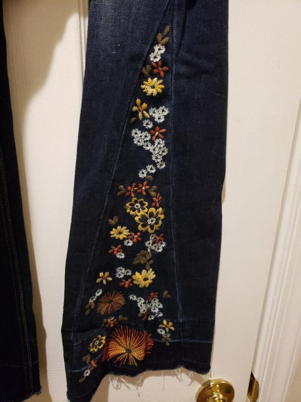 Juniors 7 Dark Blue Flare Jeans with Multicolor Floral Embroidery - Picture 2 of 3